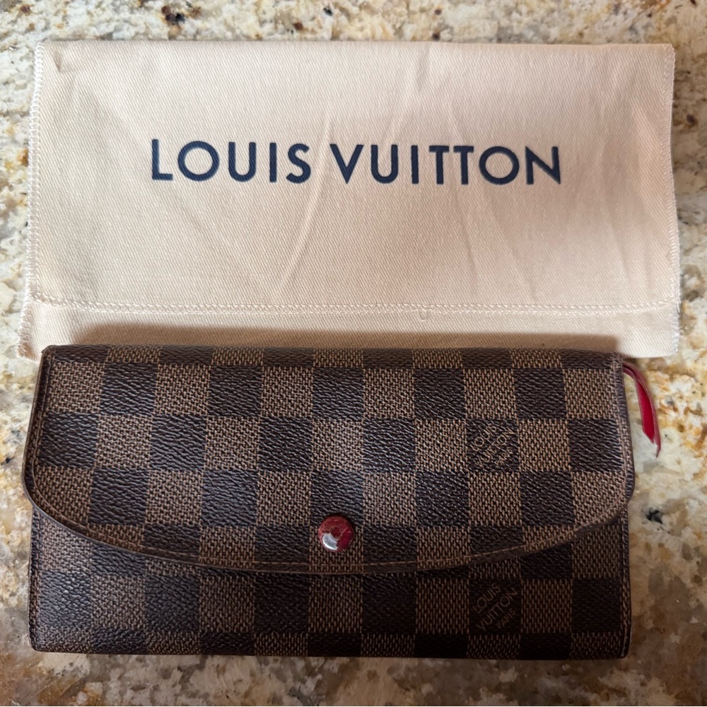 ♥️ Authentic Louis Vuitton Damier Ebene Emilie Wallet Red w/ Receipt